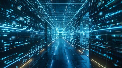 Futuristic blue data tunnel with lights