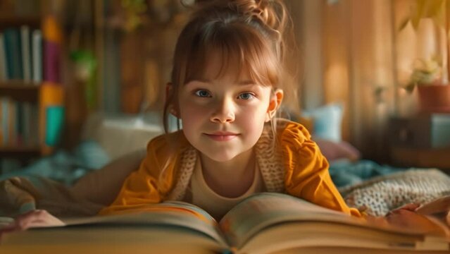 A delighted child flips through the pages of their favorite storybook, transported to far-off lands and magical realms within the comfort of home