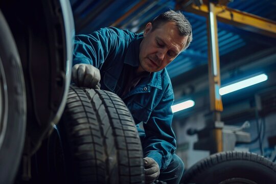 A mechanic is in the process of changing tires on a car at a service center, using professional equipment and tools to ensure the safety and efficiency of car service.