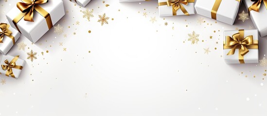 Top view of a white background Christmas and happy new year card featuring a frame made of gift boxes with ample space available for adding text or images
