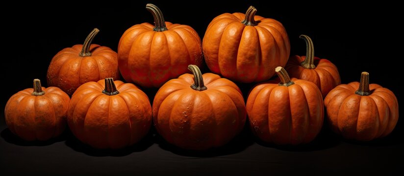 A Festive Still Life Image Of Pumpkins Arranged On A Black Background With Scratches Representing The Halloween Concept And Symbolizing A Multi Generational Family The Top View Flat Lay Presents A Co