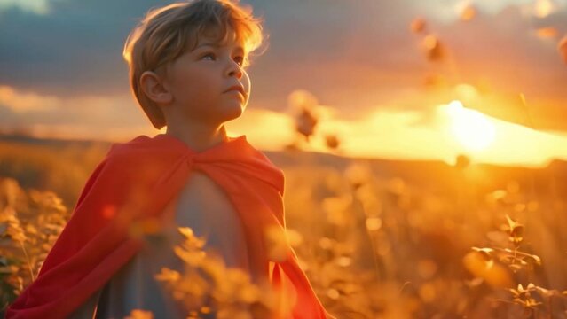 A young boy wears a red shawl and dresses up as an imaginary superhero. A creative boy wants to be a hero and be brave in a world full of wonder and adventure.