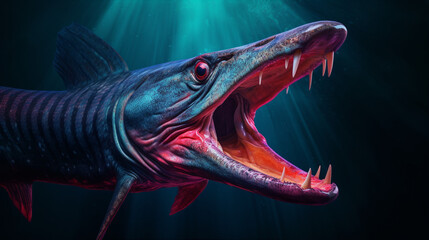 A realistic 3D illustration of a fierce looking toothy prehistoric fish with blue and purple scales and a gaping mouth full of sharp white teeth on a dark blue background with a spotlight.