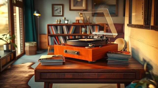 Vintage Retro Turntable Stereo Sound System in Cozy Home Interior description This image depicts a vintage retro turntable or record player in a cozy