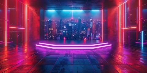 Sleek product podium in a cyberpunkthemed setting with vibrant neon lights and futuristic cityscape background, ideal for showcasing cuttingedge technology products