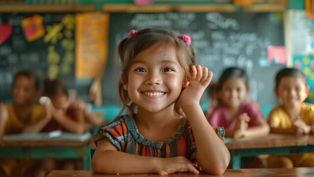 A little girl student in rural area smiling looking at camera at rural school Smiling happy children with excitement and confidence while sharing knowledge with back to school concept.