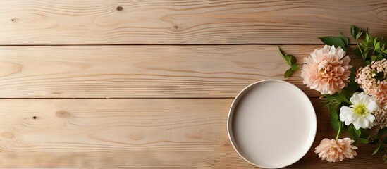The light wooden background features a stylish and simple table setting accompanied by beautiful flowers A copy space image that exudes elegance and simplicity