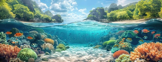 Underwater Paradise: Coral Reef and Tropical Fish in a Crystal Clear Bay