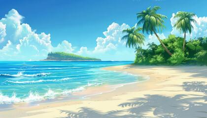 A beautiful beach scene with palm trees and a small island in the distance by AI generated image