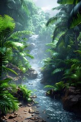 Rainforest Sanctuary: Waterfall Oasis Amidst Lush Greenery
