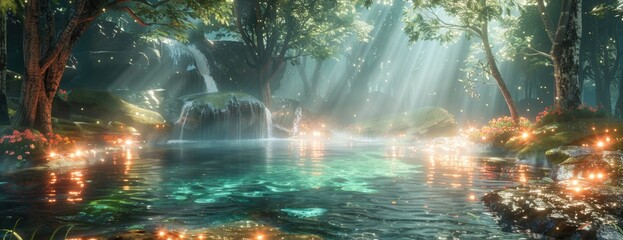 Magical Rainforest Oasis with Cascading Waterfalls and Luminous Glow