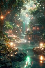 Enchanted Forest Waterfall with Sunlight and Floating Lights