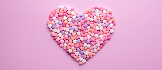 A heart shaped confectionery sprinkle is placed in the center of a pastel pink background to create a Valentine s card The top view provides ample copy space for text