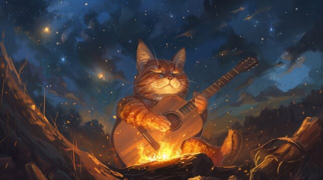 A chubby calico cat with a guitar, strumming soulful melodies under the stars around a campfire.