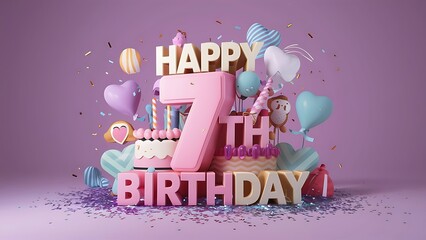 Minimalist 3D Pastel theme Happy 7th Birthday Background With Illustration Of Cake, Balloons, Heart And Confetti, 3d Happy Birthday Background