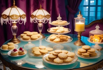Obraz premium National sugar cookie day with a lot cookies are holding in plates onto the table behind luxrious view 
