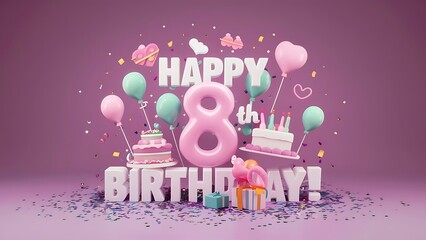 Minimalist 3D Pastel theme Happy 8th Birthday Background With Illustration Of Cake, Balloons, Heart And Confetti, 3d Happy Birthday Background