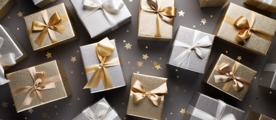 There is a top down view of Christmas gift boxes placed on a background of gold and silver The image captures a flat lay composition leaving room for additional text or elements