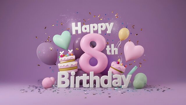Minimalist 3D Pastel theme Happy 8th Birthday Background With Illustration Of Cake, Balloons, Heart And Confetti, 3d Happy Birthday Background