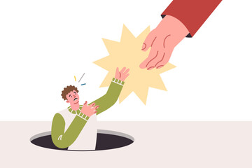 Helping hand for man who is in trouble and falls into manhole due to inattention or fatigue