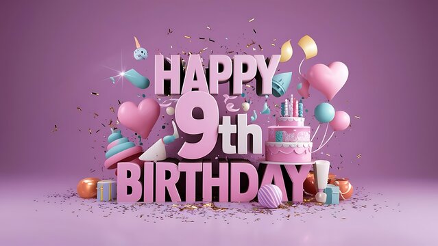 Minimalist 3D Pastel theme Happy 9th Birthday Background With Illustration Of Cake, Balloons, Heart And Confetti, 3d Happy Birthday Background