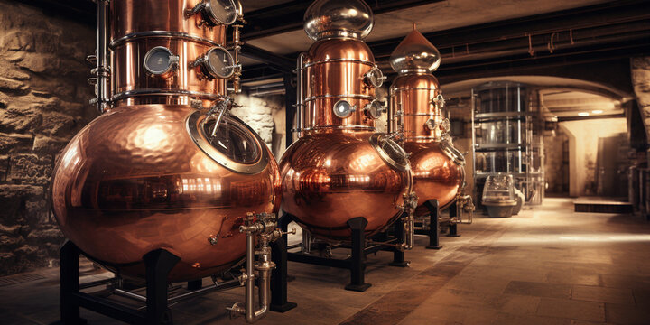 Three copper alembic stills in a distillery with stone walls and tiled floor