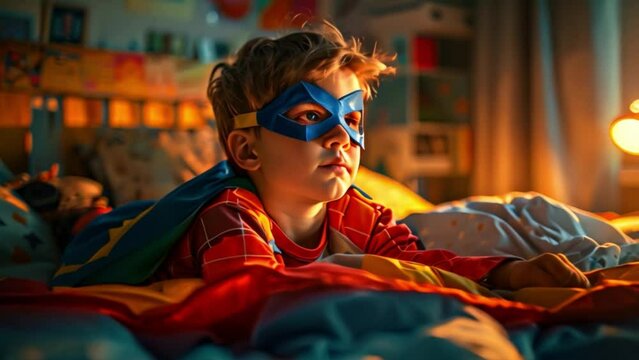 A young boy wearing a red shawl dresses up as a superhero at home in his bedroom as a child imagines him to embark on another epic mission to save the world.