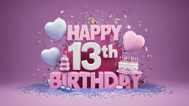 Minimalist 3D Pastel theme Happy 13th Birthday Background With Illustration Of Cake, Balloons, Heart And Confetti, 3d Happy Birthday Background