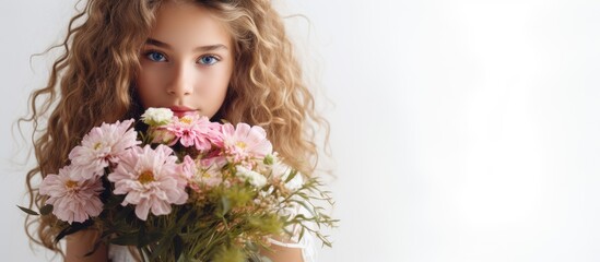Naklejka premium Close up of a young girl holding a bouquet of flowers against a white backdrop creating a copy space image