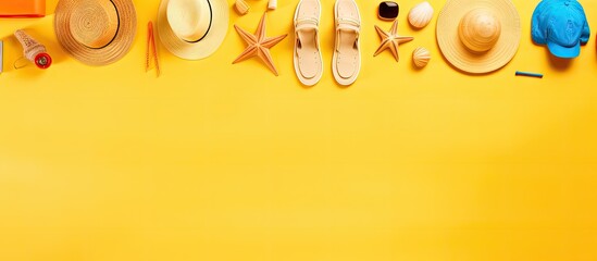A top view of various beach accessories arranged on a yellow background creating a summer composition The image has copy space and is presented in a flat lay style