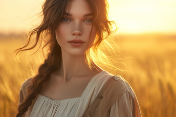 Golden Hour Beauty: Woman in Linen Dress Amidst Wheat Fields at Sunset
