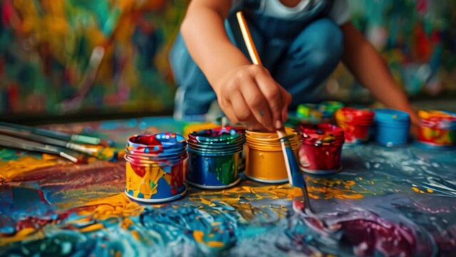 Close-up of a child painter meticulously drawing colorful lines on a canvas in the studio of an art school. A young girl painter uses a brush to paint creatively on the canvas.