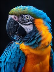 Obraz premium Black background, tropical macaw, close-up, highlight beautiful feathered parrot, with copy space,Vibrant Tropical Parrot with Stunning Feathers on Black Background. Exquisite 4K Wallpaper.