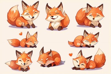 Fototapeta premium A delightful set collection featuring adorable kawaii-style foxes, each brimming with happiness and sporting charming smiles.