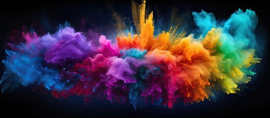 A vibrant burst of colored powder in motion creating a mesmerizing display on a black background The image captures the moment of powder explosion forming a multicolored glitter texture Perfect copy
