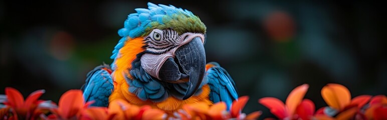 Fototapeta premium Black background, tropical macaw, close-up, highlight beautiful feathered parrot, with copy space,Vibrant Tropical Parrot with Stunning Feathers on Black Background. Exquisite 4K Wallpaper.