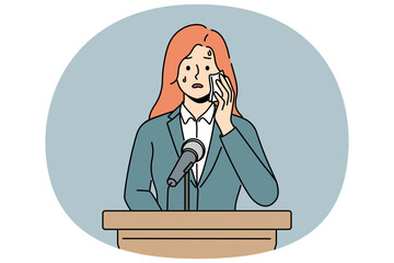 Anxious woman stand at tribune suffer from public speaking phobia. Worried female speaker present at conference struggle with anxiety. Vector illustration.