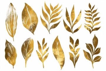 Set of texture gold leaves. Vector grunge modern textured brush stroke, scribbled. Abstract plant print. Doodle hand drawn natural elements for backgrounds, templates, wallpaper, card