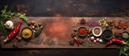 An overhead shot of various condiments and spices neatly displayed on a square stone board The view is close up showcasing the vintage wooden background creating an ideal composition for a copy space