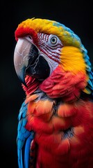 Obraz premium Black background, tropical macaw, close-up, highlight beautiful feathered parrot, with copy space,Vibrant Tropical Parrot with Stunning Feathers on Black Background. Exquisite 4K Wallpaper.