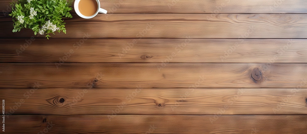 Poster a top down view of a wooden desk in an office with a white sheet providing empty space for placing o