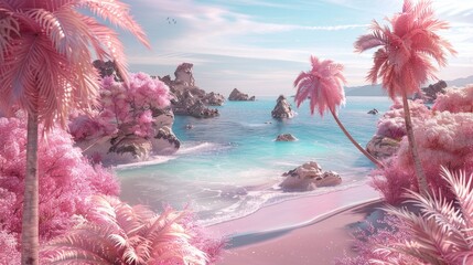Fantasy Coastal Landscape with Pink Foliage and Golden Sands