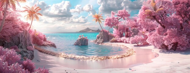 Surreal Pink Beach with Glowing Rocks and Palm Trees