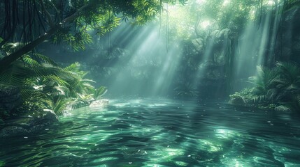 Enchanted Rainforest Oasis with Sun Rays Piercing Lush Greenery