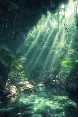 Mystical Jungle Pond with Sunlight Filtering Through Dense Foliage