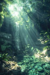 Enchanted Rainforest Oasis with Sun Rays Piercing Lush Greenery