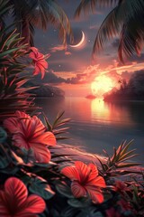 Enchanted Evening Seascape with Moonlight and Sunset on Tropical Coast