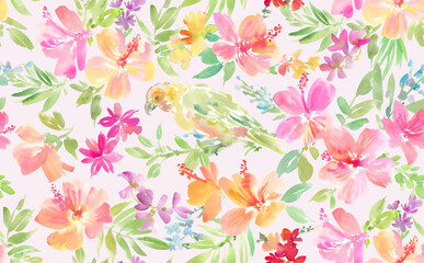 Seamless pattern of hibiscus, tropical plants, and parrots painted in watercolor, and an abstract botanical pattern of hibiscus painted in watercolor   © Sawango