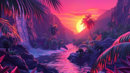 Exotic Beach Sunset with Luminous Pink Horizon and Palm Silhouettes
