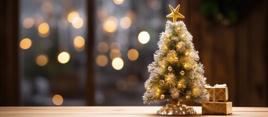 A festive New Year greeting card is displayed on a wooden table adorned with decorations while a Christmas tree completes the cheerful setting Copy space image